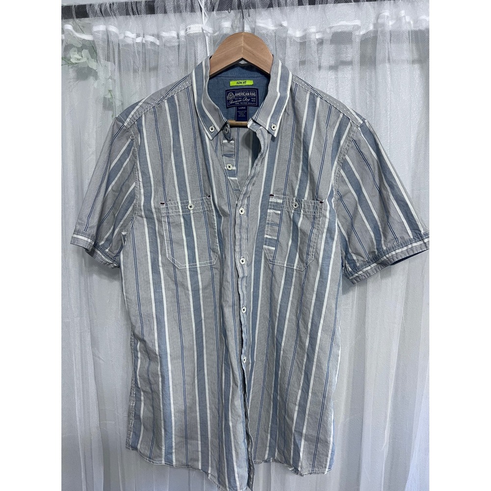 American Rag Mens Button‎ DownBlue White Stripe Short Sleeve Slim Fit Size L